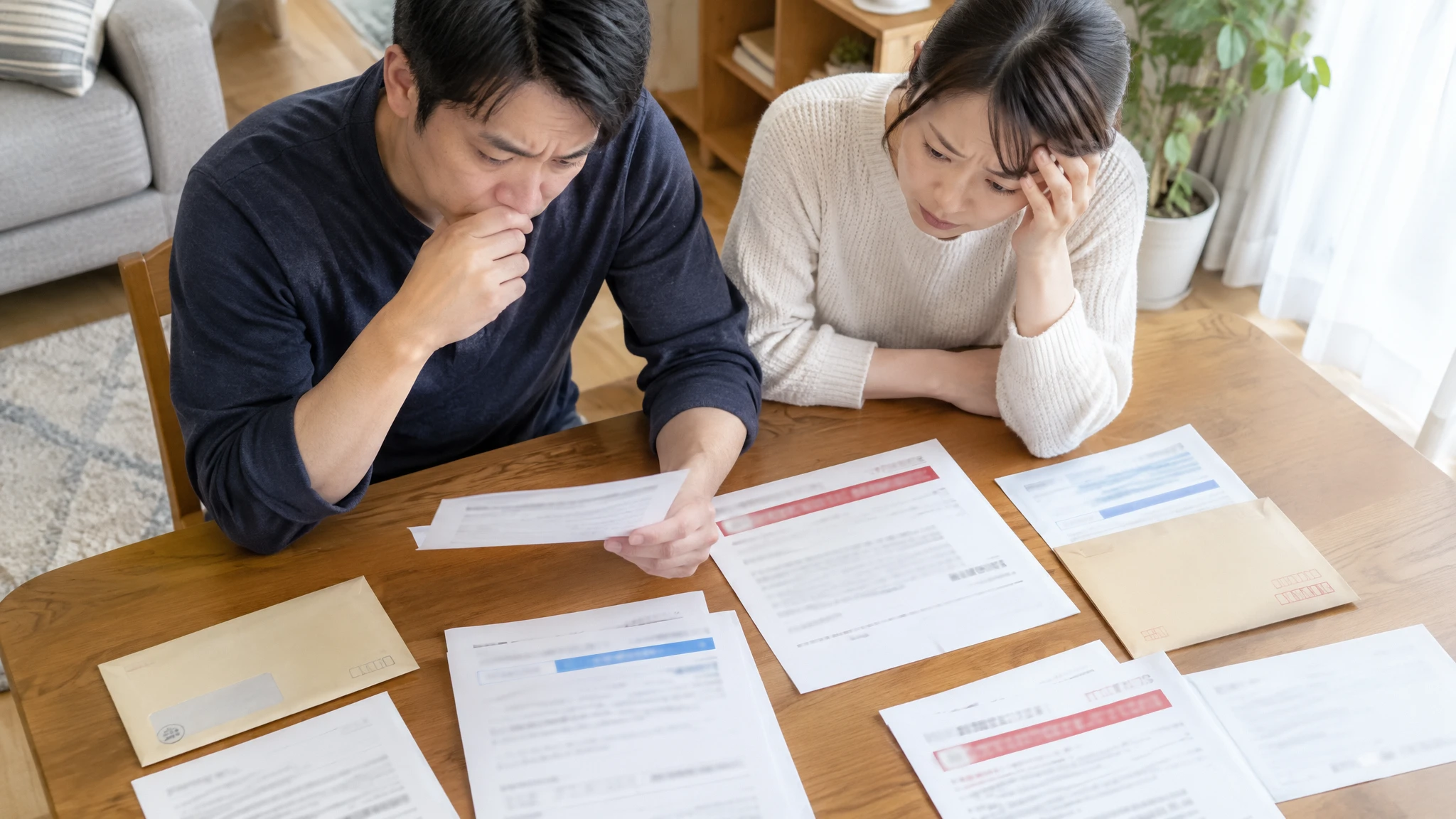 届いた書類を確認する夫婦